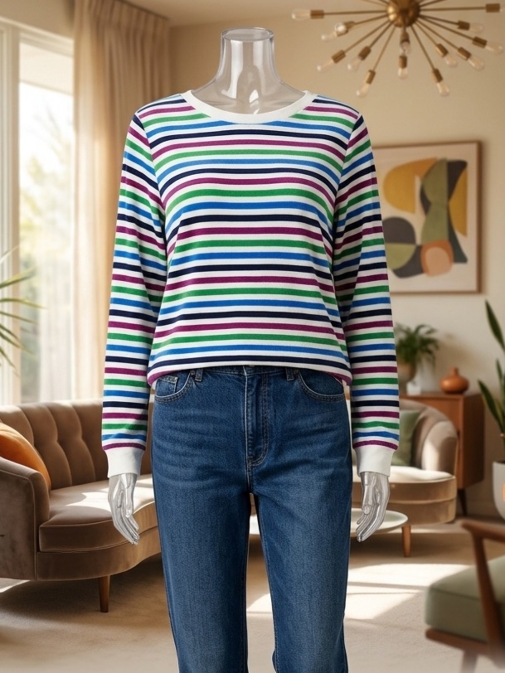 Appleseed's Striped Velour Crewneck Shirt Colorful Vintage Vibe Large